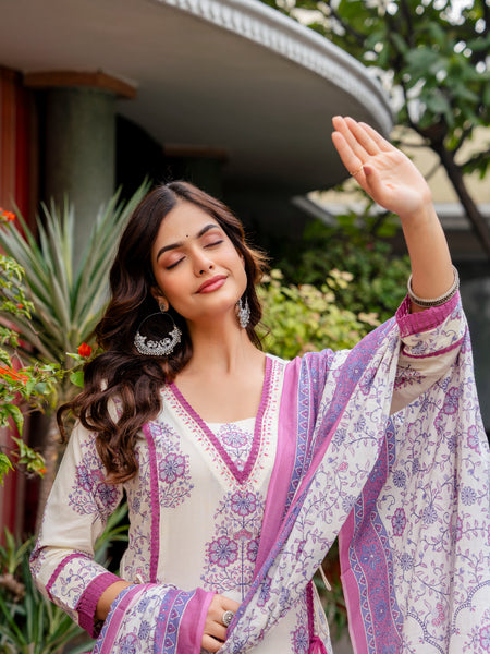 Cotton A-line Aari work Kurta with Palazzo & Dupatta