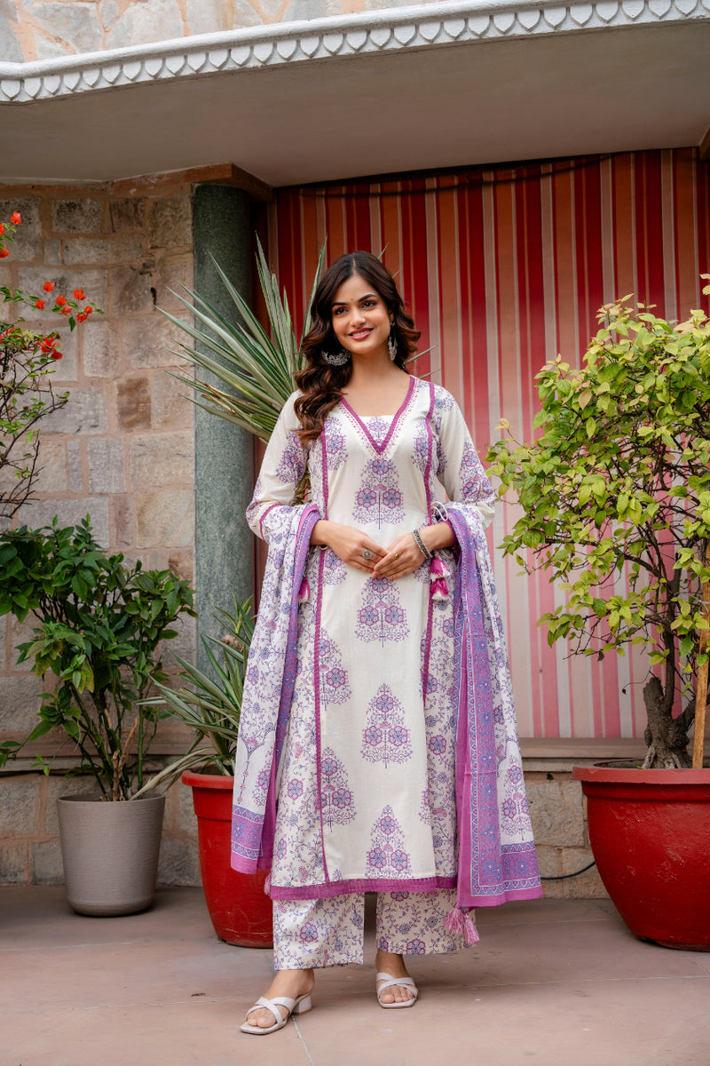 Cotton A-line Aari work Kurta with Palazzo & Dupatta