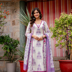 Cotton A-line Aari work Kurta with Palazzo & Dupatta