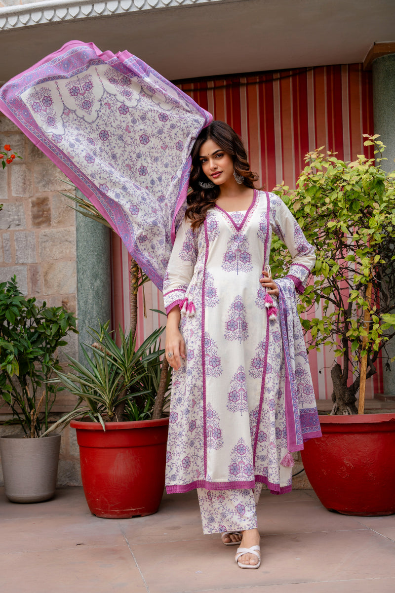 Cotton A-line Aari work Kurta with Palazzo & Dupatta