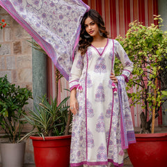 Cotton A-line Aari work Kurta with Palazzo & Dupatta