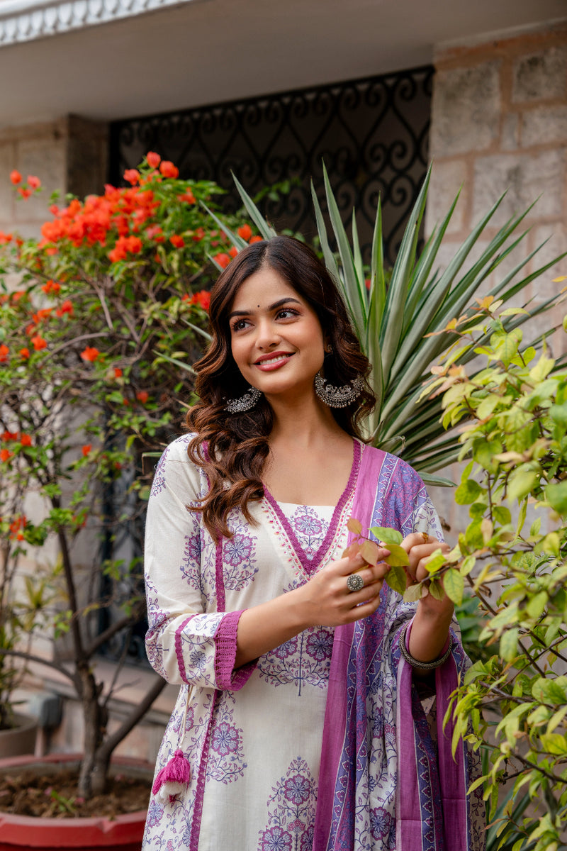 Cotton A-line Aari work Kurta with Palazzo & Dupatta