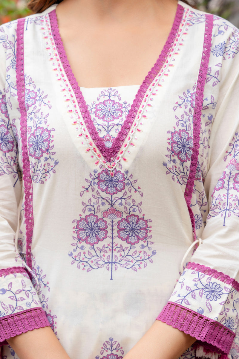 Cotton A-line Aari work Kurta with Palazzo & Dupatta