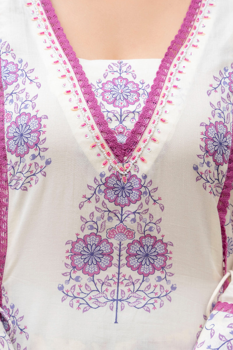 Cotton A-line Aari work Kurta with Palazzo & Dupatta