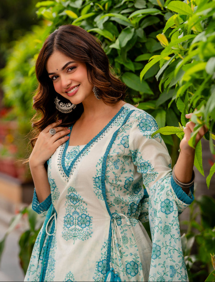 Cotton A-line Aari work Kurta with Palazzo & Dupatta