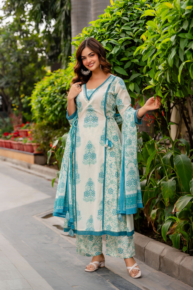 Cotton A-line Aari work Kurta with Palazzo & Dupatta