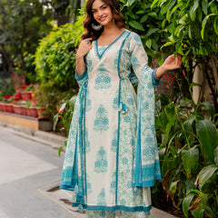 Cotton A-line Aari work Kurta with Palazzo & Dupatta