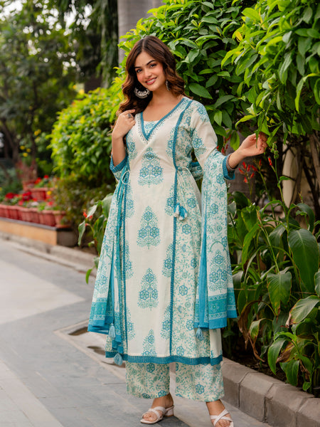 Cotton A-line Aari work Kurta with Palazzo & Dupatta