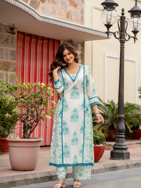Cotton A-line Aari work Kurta with Palazzo & Dupatta