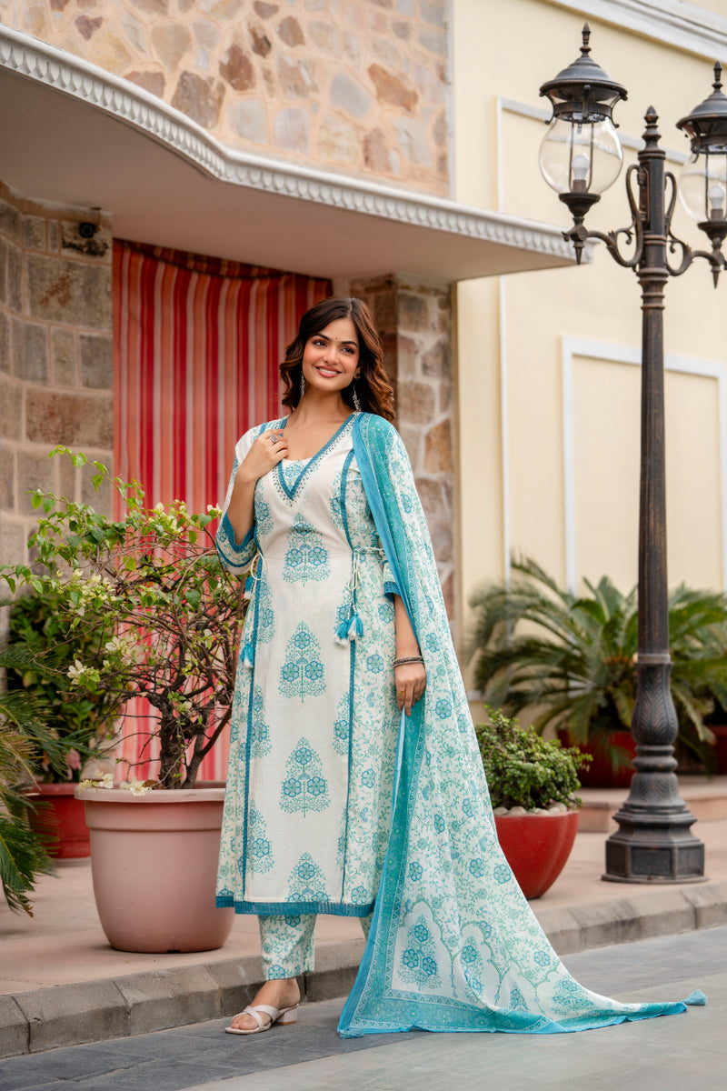 Cotton A-line Aari work Kurta with Palazzo & Dupatta