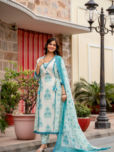 Cotton A-line Aari work Kurta with Palazzo & Dupatta