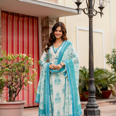 Cotton A-line Aari work Kurta with Palazzo & Dupatta