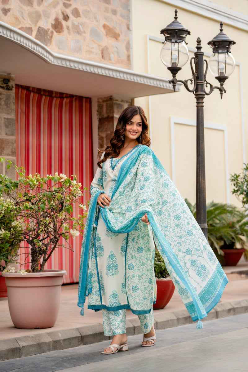 Cotton A-line Aari work Kurta with Palazzo & Dupatta