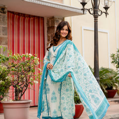 Cotton A-line Aari work Kurta with Palazzo & Dupatta