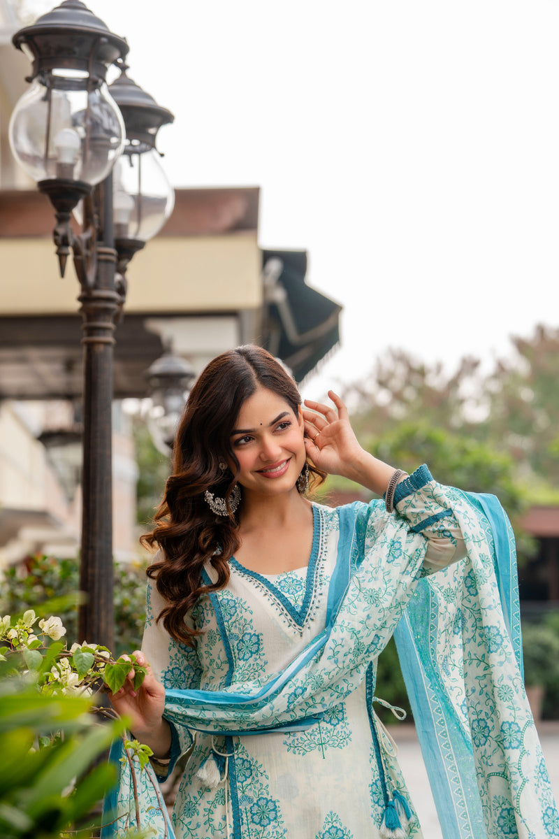 Cotton A-line Aari work Kurta with Palazzo & Dupatta