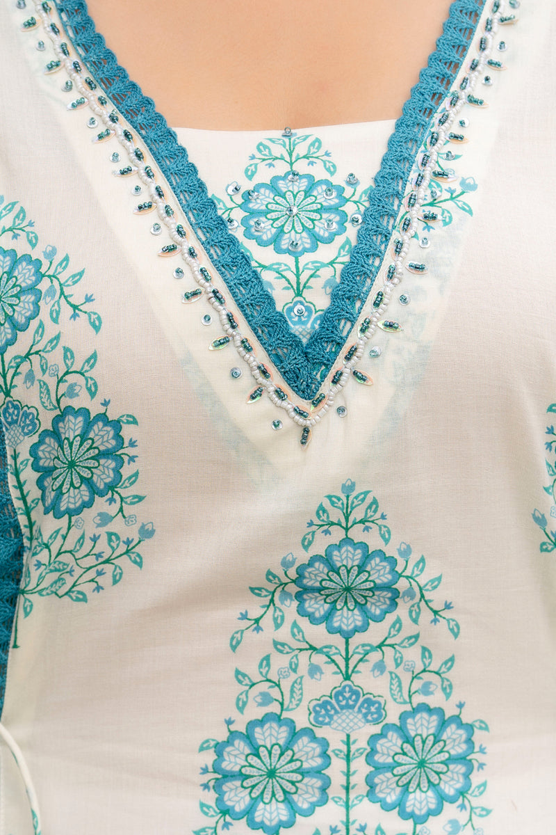 Cotton A-line Aari work Kurta with Palazzo & Dupatta