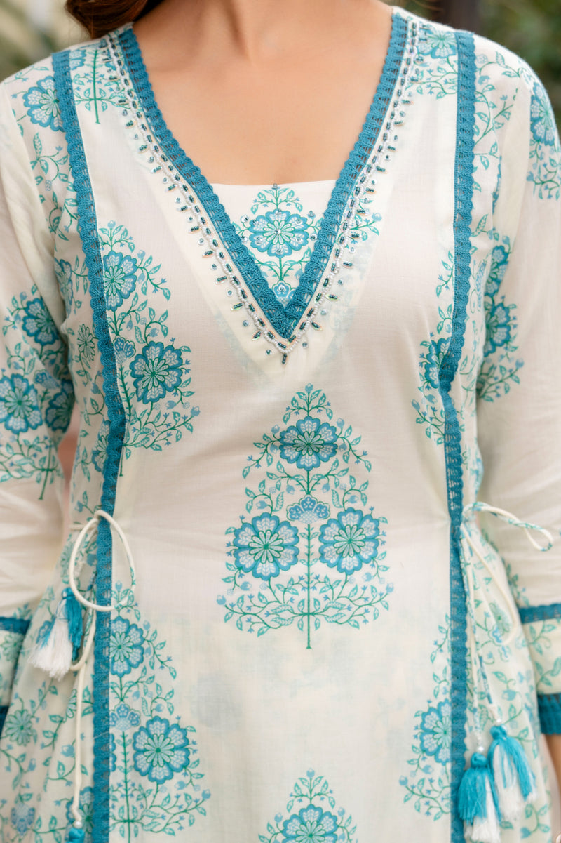 Cotton A-line Aari work Kurta with Palazzo & Dupatta