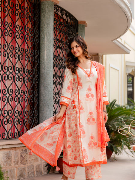 Cotton A-line Aari work Kurta with Palazzo & Dupatta