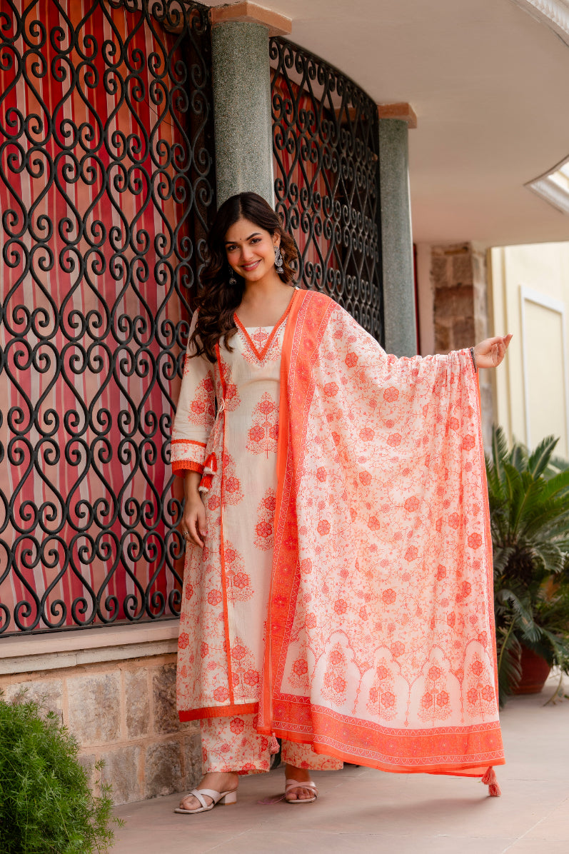 Cotton A-line Aari work Kurta with Palazzo & Dupatta