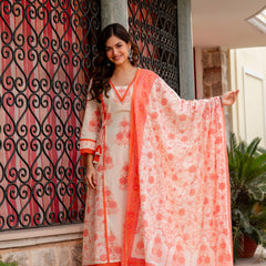 Cotton A-line Aari work Kurta with Palazzo & Dupatta