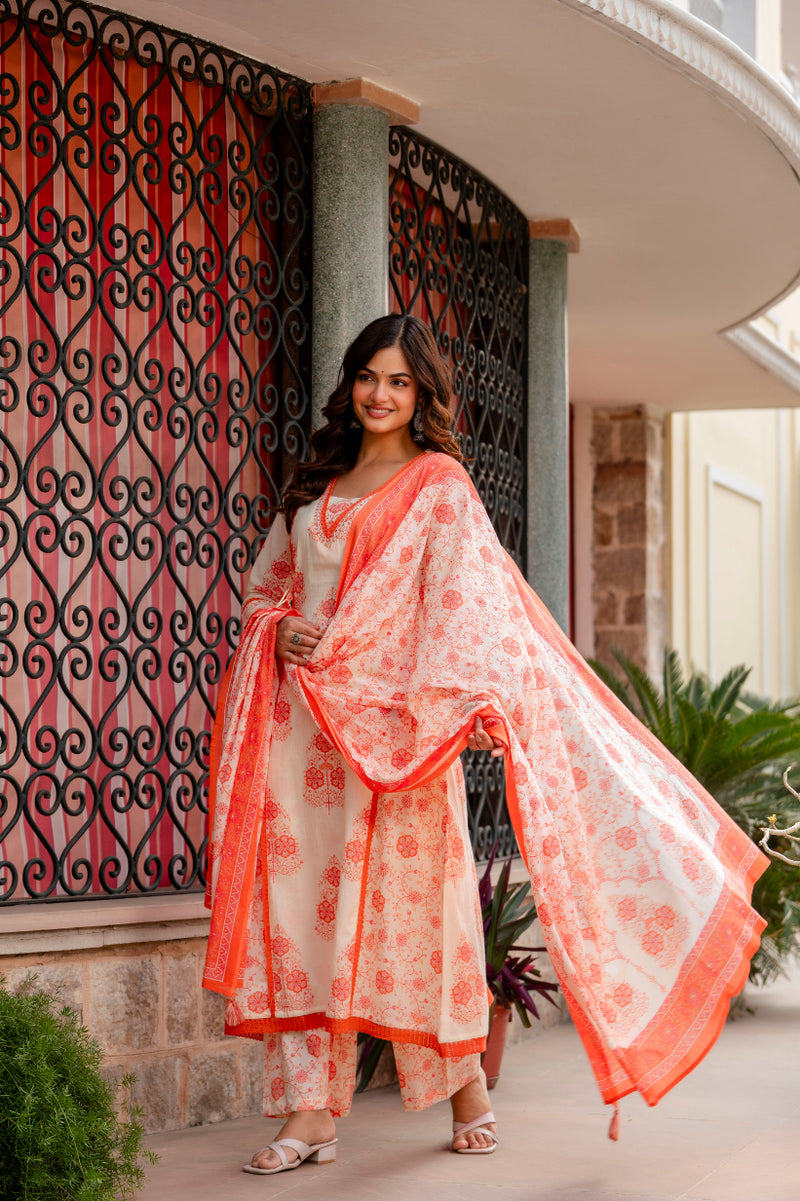 Cotton A-line Aari work Kurta with Palazzo & Dupatta