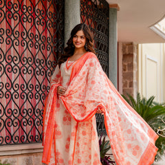 Cotton A-line Aari work Kurta with Palazzo & Dupatta