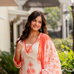 Cotton A-line Aari work Kurta with Palazzo & Dupatta