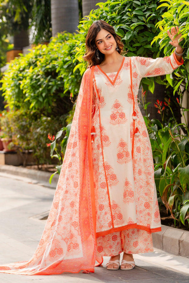 Cotton A-line Aari work Kurta with Palazzo & Dupatta