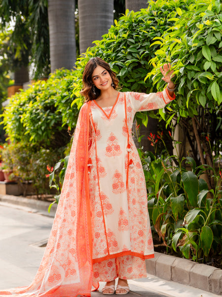 Cotton A-line Aari work Kurta with Palazzo & Dupatta