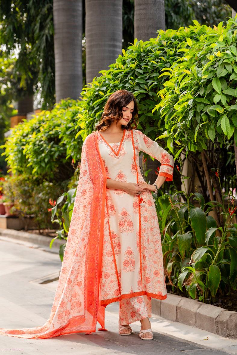 Cotton A-line Aari work Kurta with Palazzo & Dupatta