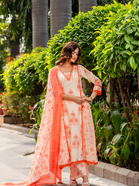 Cotton A-line Aari work Kurta with Palazzo & Dupatta