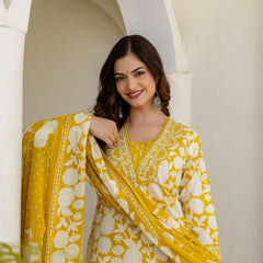 EthniFlair Women Cotton Pintucks detail Straight kurta Pant & Dupatta