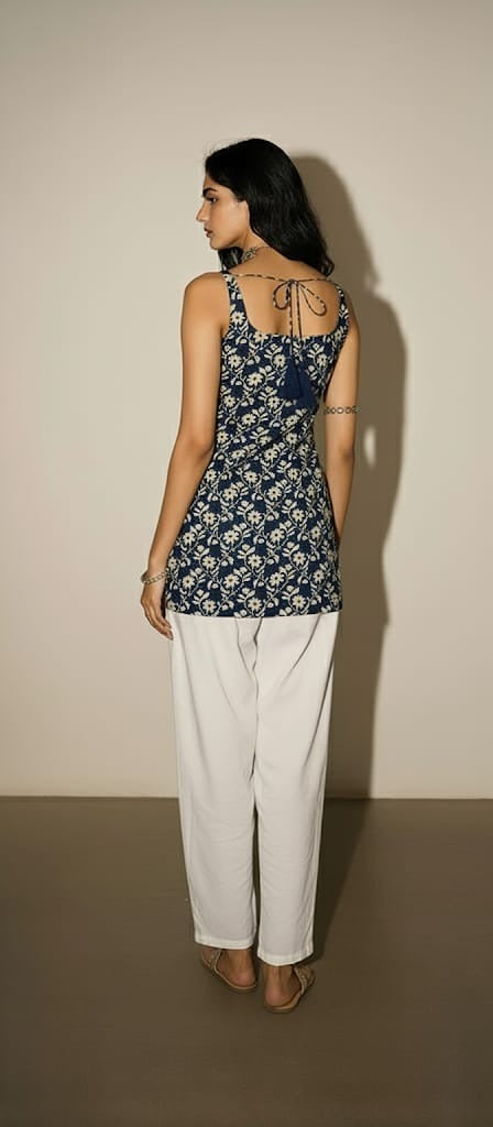 Cotton Blue Floral Shoulder neck Kurti
