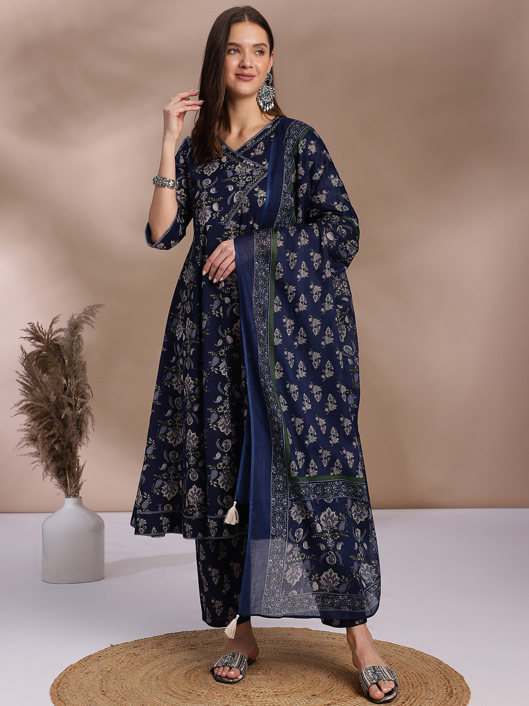 EthniFlair Women Floral Yoke Design Angrakha Aari Work Pure Cotton Kurta with Trousers & With Dupatta