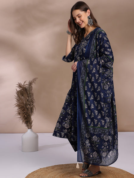 EthniFlair Floral Yoke Design Angrakha Aari Work Kurta with Trousers & Dupatta