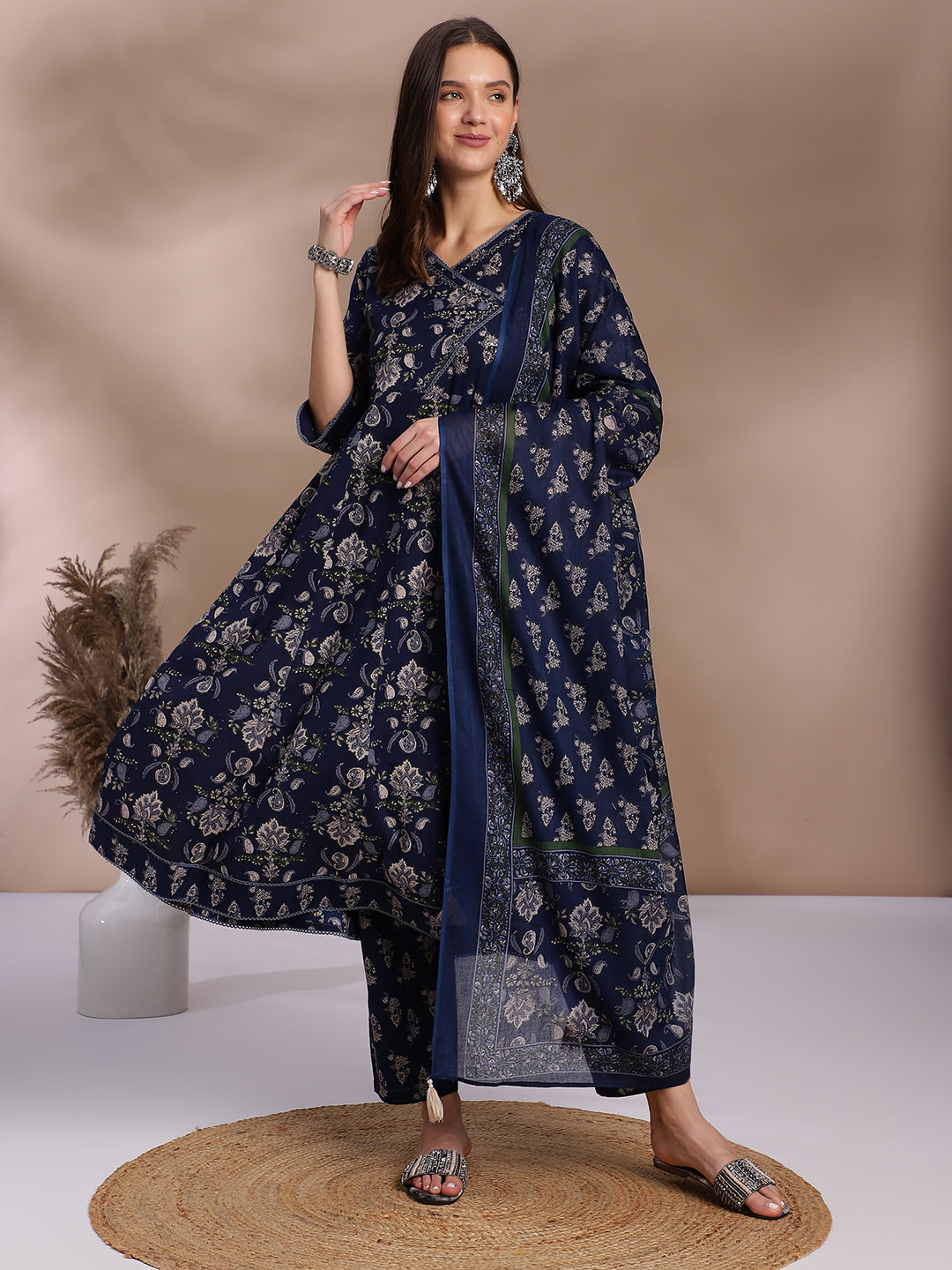 EthniFlair Women Floral Yoke Design Angrakha Aari Work Pure Cotton Kurta with Trousers & With Dupatta