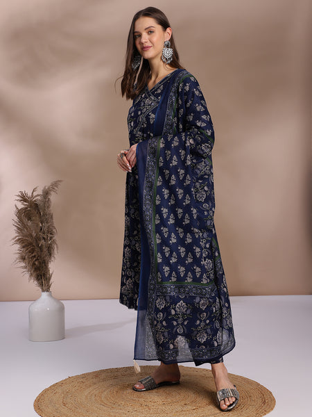 EthniFlair Floral Yoke Design Angrakha Aari Work Kurta with Trousers & Dupatta