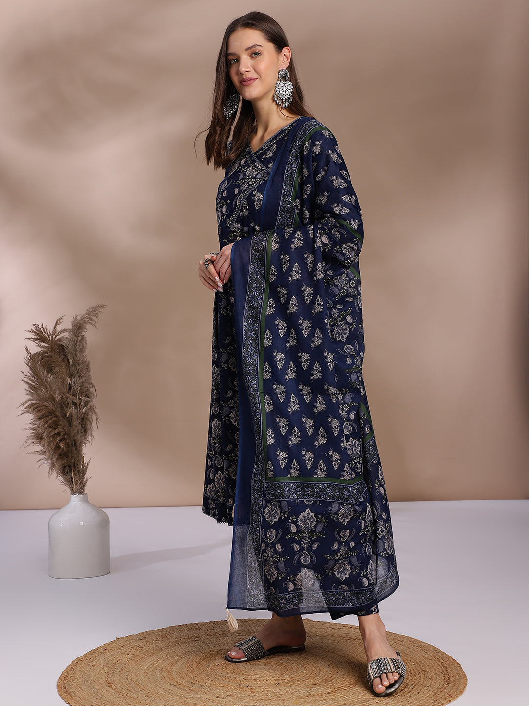 EthniFlair Women Floral Yoke Design Angrakha Aari Work Pure Cotton Kurta with Trousers & With Dupatta