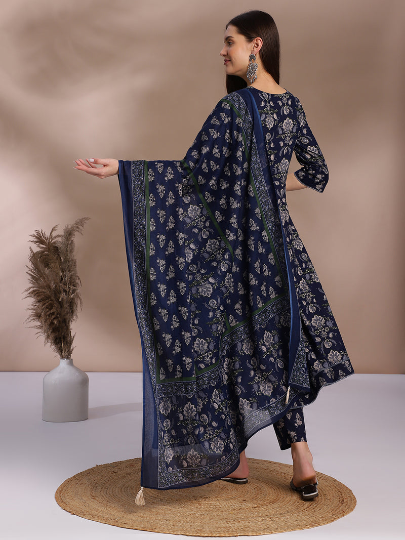 EthniFlair Floral Yoke Design Angrakha Aari Work Kurta with Trousers & Dupatta
