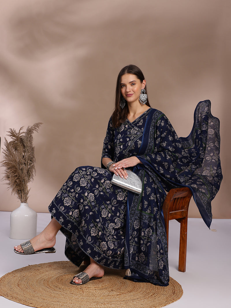 EthniFlair Floral Yoke Design Angrakha Aari Work Kurta with Trousers & Dupatta
