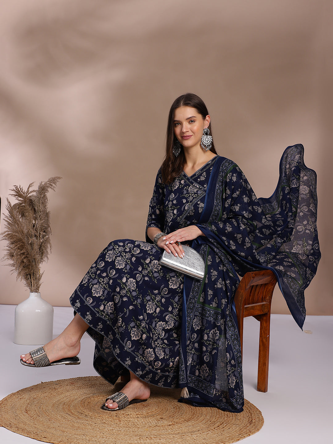 EthniFlair Women Floral Yoke Design Angrakha Aari Work Pure Cotton Kurta with Trousers & With Dupatta