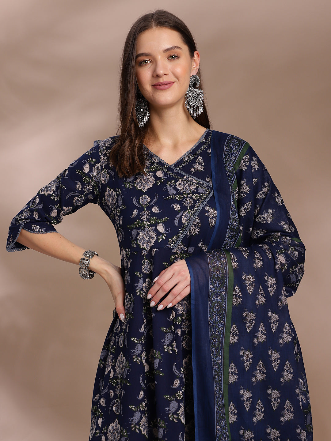 EthniFlair Women Floral Yoke Design Angrakha Aari Work Pure Cotton Kurta with Trousers & With Dupatta