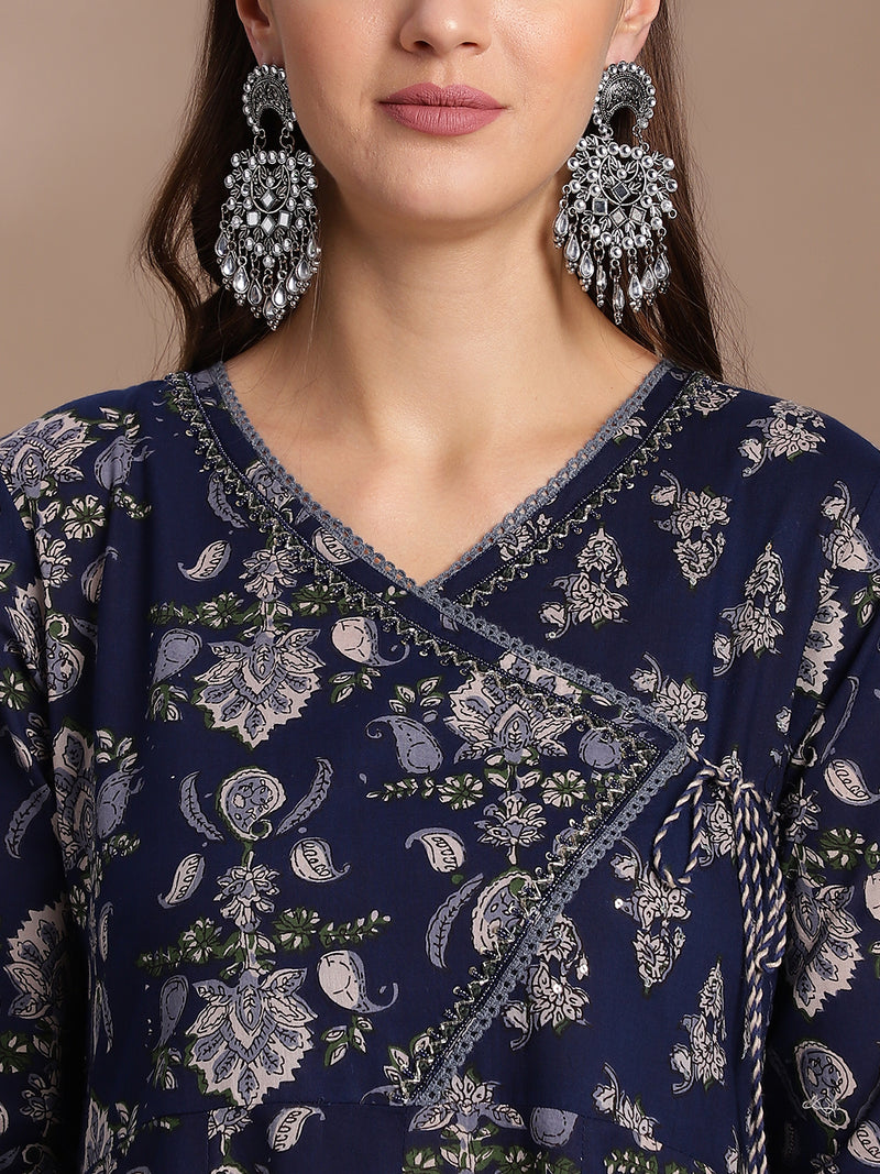 EthniFlair Floral Yoke Design Angrakha Aari Work Kurta with Trousers & Dupatta