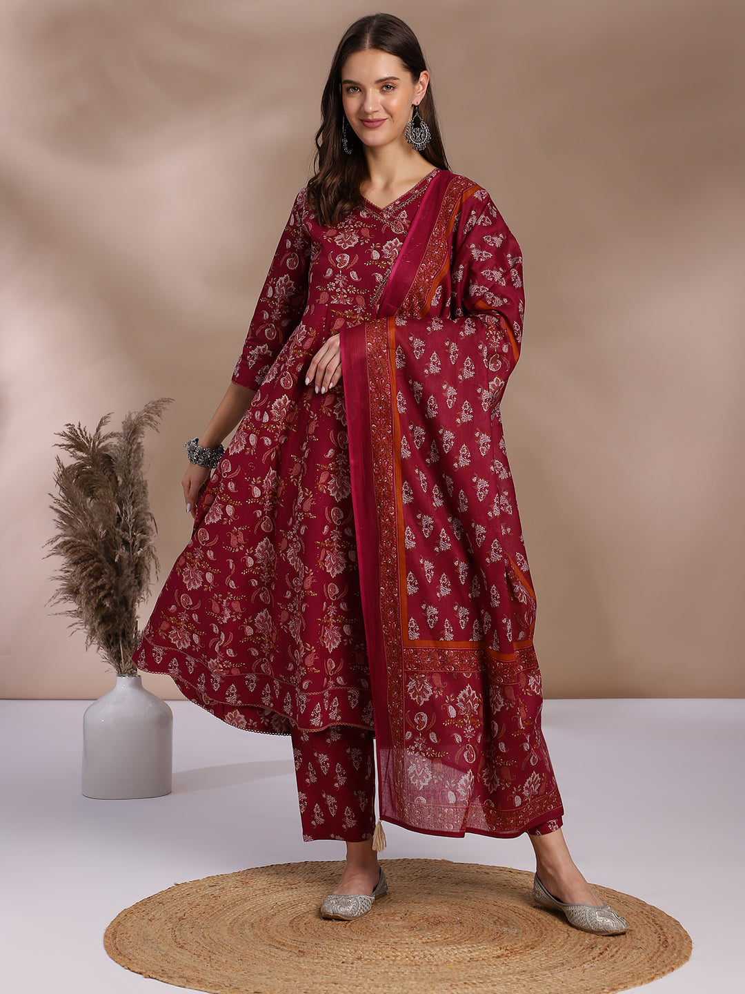 EthniFlair Women Floral Printed Angrakha Aari Work Pure Cotton Kurta with Trousers & With Dupatta