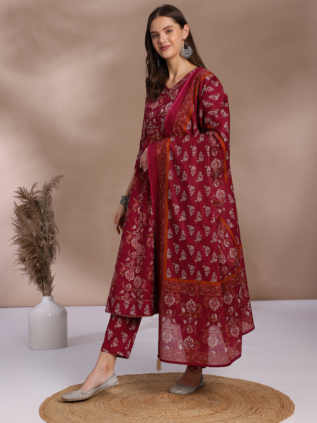 EthniFlair Women Floral Printed Angrakha Aari Work Pure Cotton Kurta with Trousers & With Dupatta