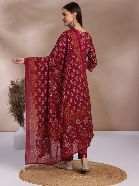EthniFlair Floral Yoke Design Angrakha Aari Work Kurta with Trousers & Dupatta