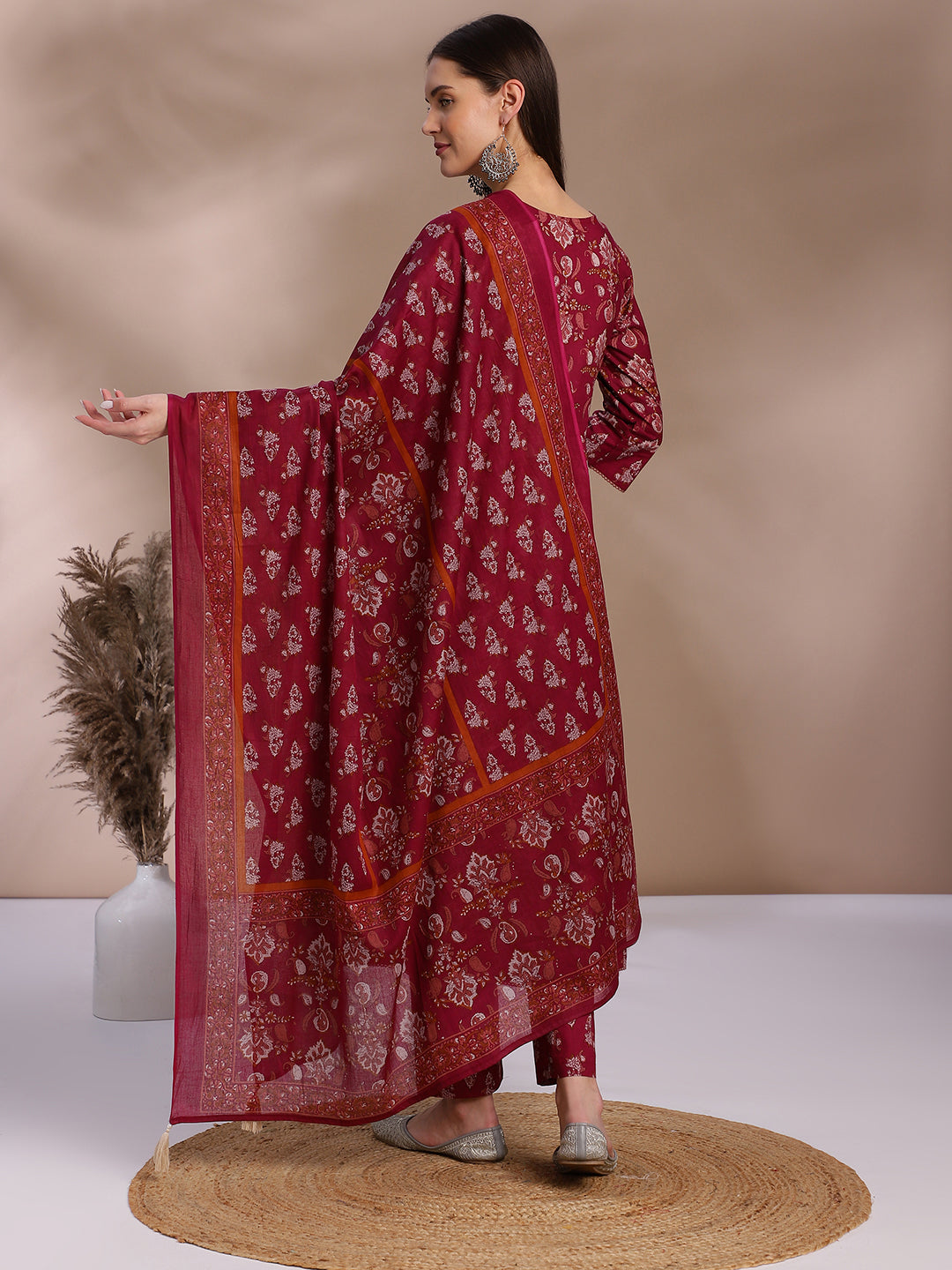 EthniFlair Women Floral Printed Angrakha Aari Work Pure Cotton Kurta with Trousers & With Dupatta