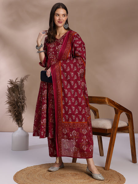 EthniFlair Floral Yoke Design Angrakha Aari Work Kurta with Trousers & Dupatta