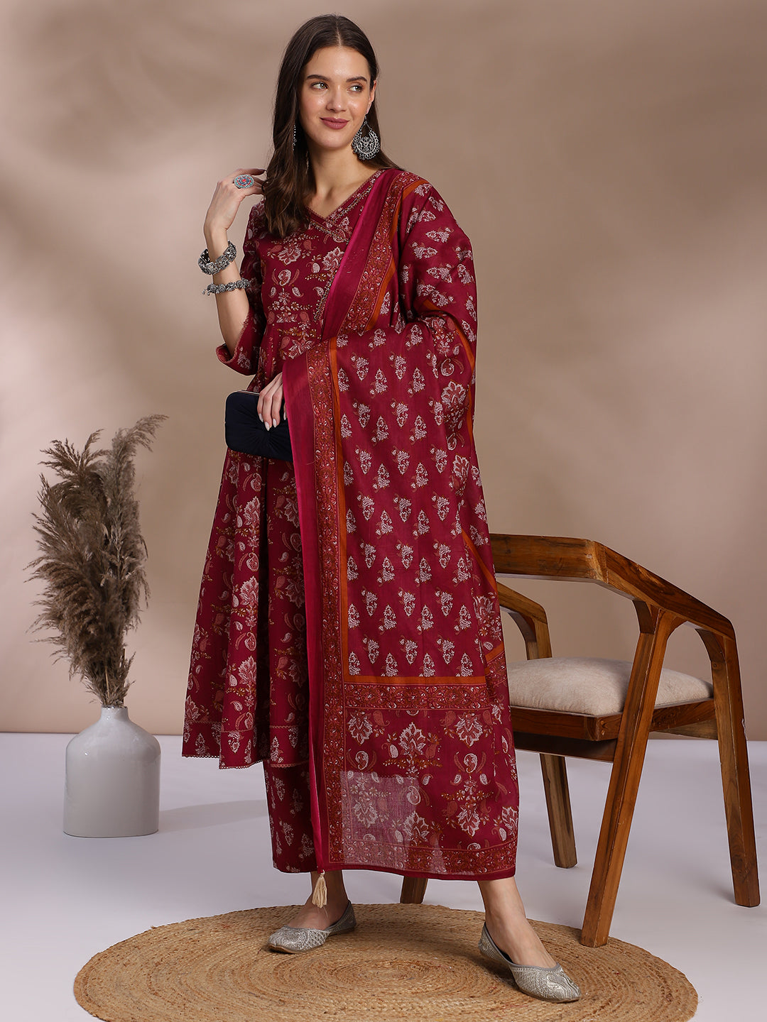 EthniFlair Women Floral Printed Angrakha Aari Work Pure Cotton Kurta with Trousers & With Dupatta