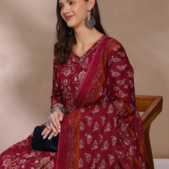 EthniFlair Floral Yoke Design Angrakha Aari Work Kurta with Trousers & Dupatta